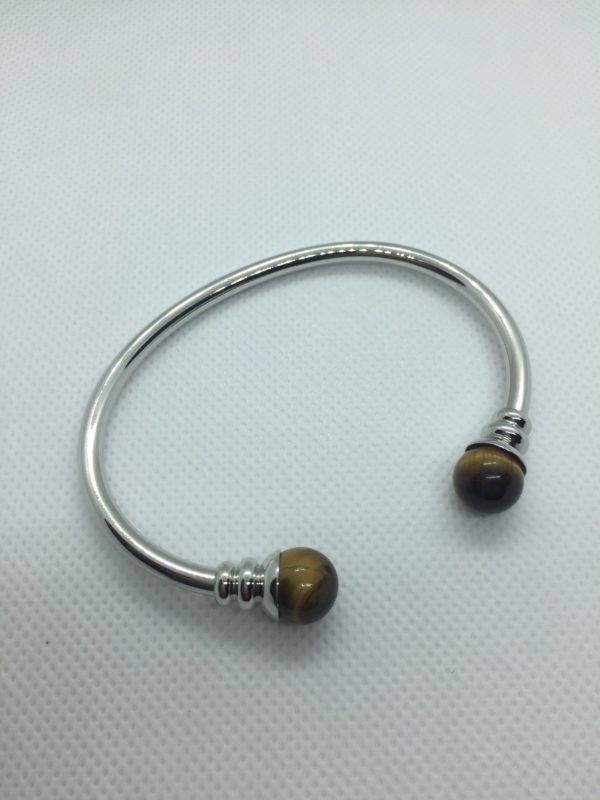 Bracelet magnétique metal argenté -  boule œil de tigre
