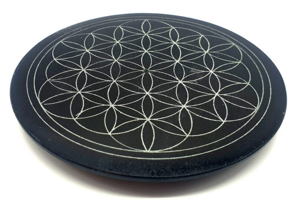 Porte-Encens Pierre Rond Noir Fleur de vie 10cm